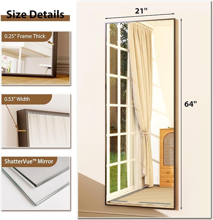 GLSLAND 64"x21" Full Length Mirror Full Body Mirror Freestanding Hanging or - Image 5