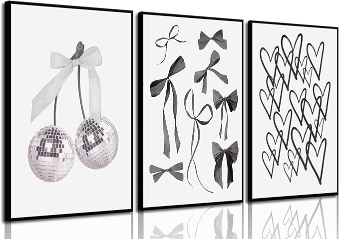 BOKPEN 3pcs Black and White Trendy Preppy Wall Art Bows Disco Ball Many Heart by bokpen