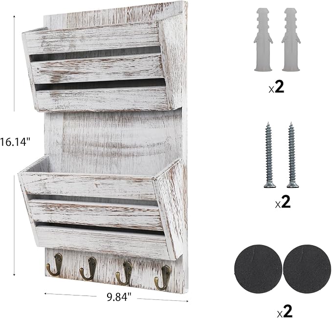 Mail Organizer Wall Mount with 4 Key Hooks, Rustic Wooden Hanging Mail Sorter - Image 5