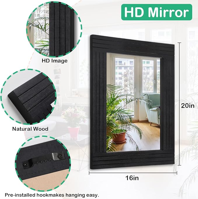 Black Vintage Rustic Wood Framed Wall Mirror Farmhouse Rectanglular Antique - Image 7