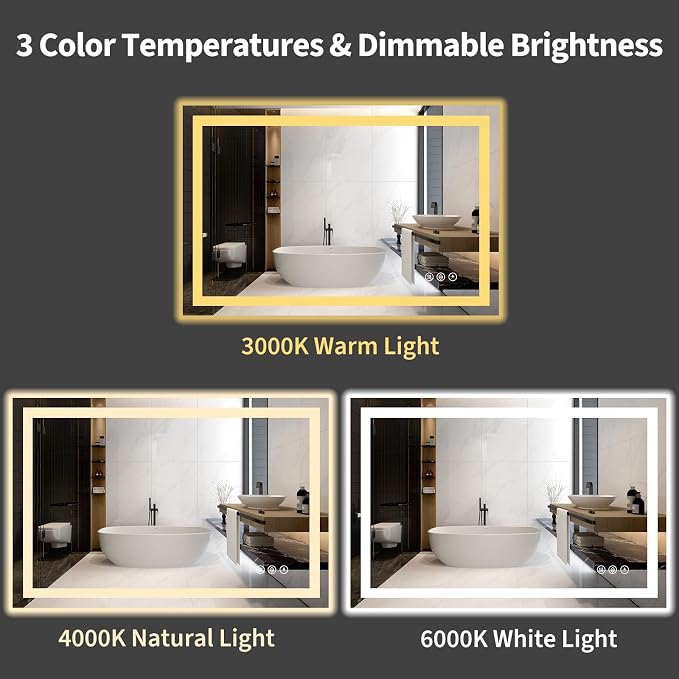 Koonmi 40"x30" LED Mirror for Bathroom, 90CRI Anti-Fog Vanity Mirror - Image 5