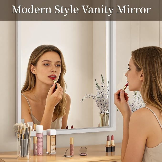 Syndra White Wood Frame Bathroom Mirror, Waterproof Slim Deep Frame, - Image 4