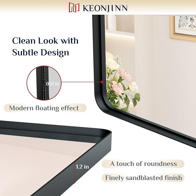 Keonjinn Black Bathroom Mirror for Over Sink, 42 x 36 Inch Large Rounded - Image 3