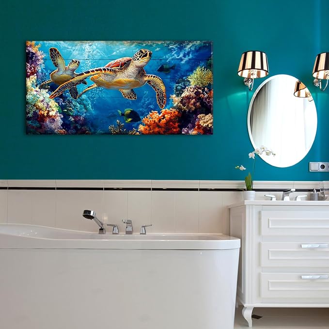 Sea Turtle Wall Art Ocean Bathroom Decor Colorful Fish Coral Landscape Canvas - Image 5