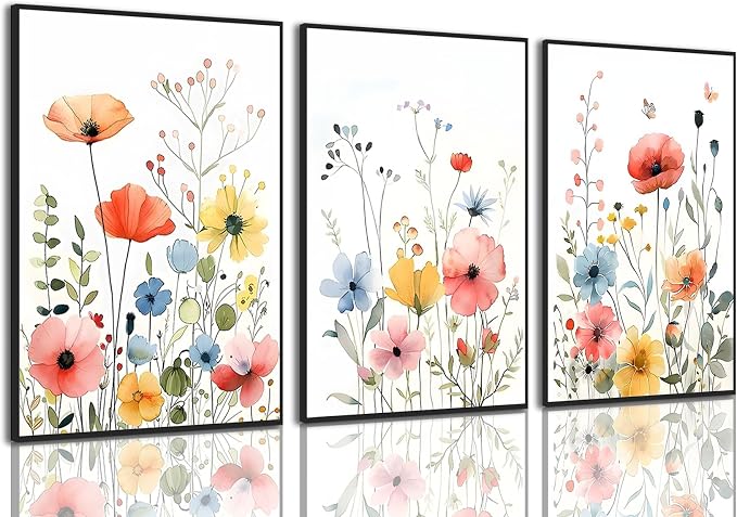 KISSFOX Framed Colorful Wildflower Canvas Wall Art Set Of 3 Flowers Pictures by KISSFOX