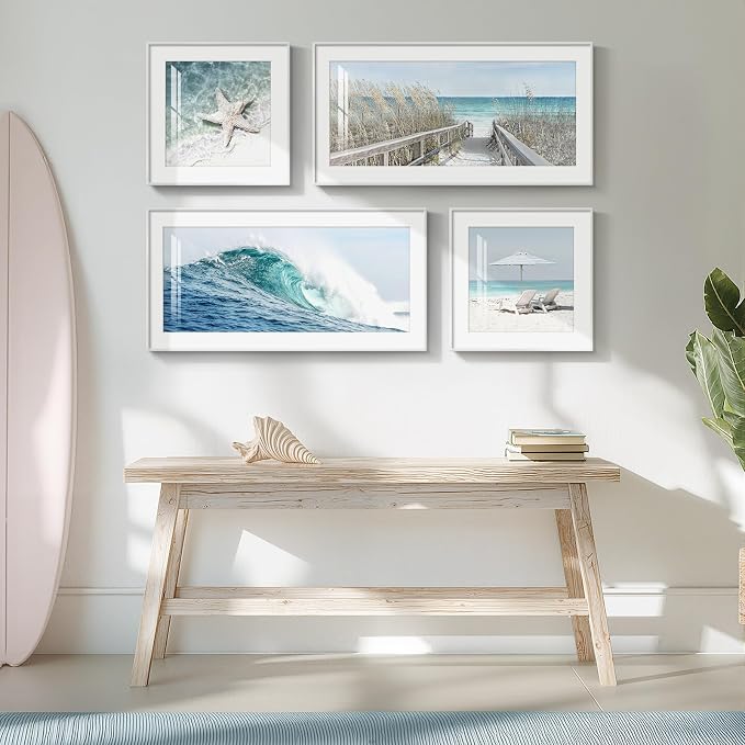 Framed Coastal Wall Art for Living Room, 4 Piece Beach Surf Ocean Artwork for - Image 3