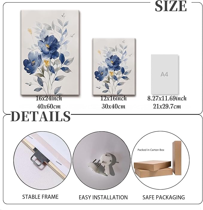 KISSFOX Framed Colorful Wildflower Blue Canvas Wall Art Set Of 3 Flowers - Image 3