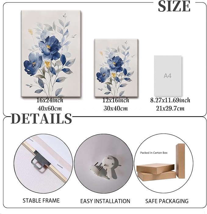 KISSFOX Framed Colorful Wildflower Blue Canvas Wall Art Set Of 3 Flowers - Image 4