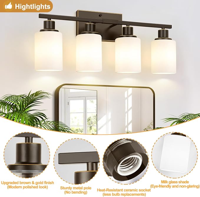 Indoi 4-Light Bathroom Light Fixtures, Modern Bathroom Wall Lamp - Image 4
