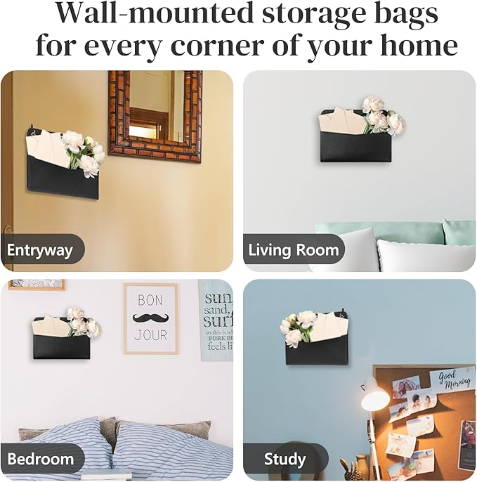 3 PCS Wall Mount PU Leather Mail Holder Black Faux Leather Letter Holder 2 Ring - Image 4