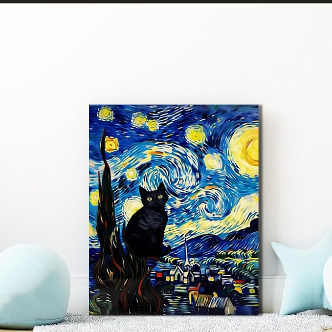 ALMLZL Framed Van Gogh The Starry Night Cat Canvas Wall Art Cute Funny Black - Image 4