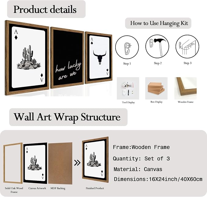 Western Wall Art Set of 3, Southwestern Cowboy Playing Card Wall Decor - Image 2