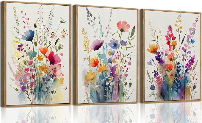 KISSFOX 3 Piece Colorful Wildflower Botanical Framed Wall Art Watercolor Floral by KISSFOX