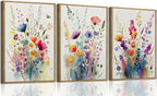 KISSFOX Framed Colorful Wildflower Canvas Wall Art Set Of 3 Flowers Pictures by KISSFOX