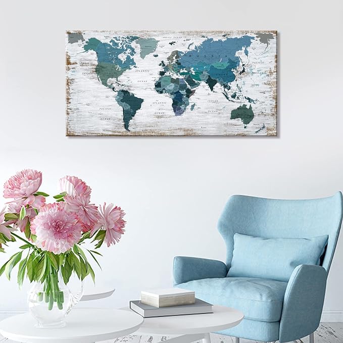 Teal Decor World Map Canvas Wall Art Pictures - Image 8