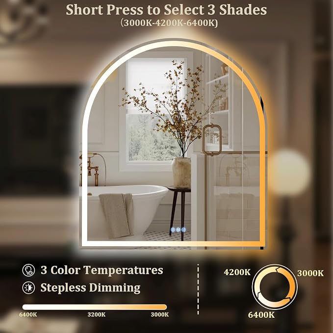 BEAUTYPEAK 34x30 LED Arch Bathroom Mirror - Image 4