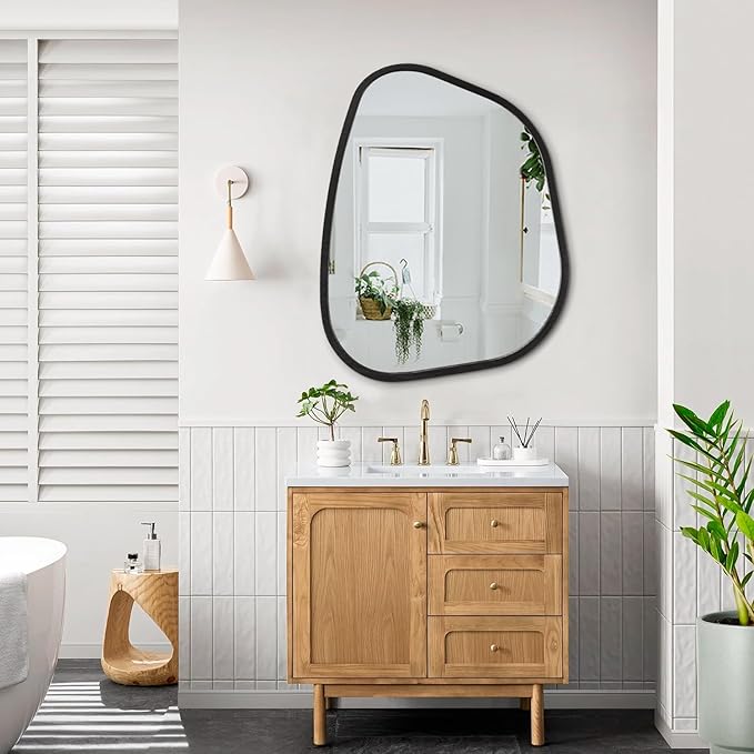 Irregular Bathroom Mirror Modern Oval Wall Mirror Asymmetrical Wooden Framed - Image 6