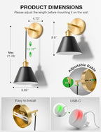 NIORSUN Gold & Black Battery Operated Wall Sconce Set of 2, 5200mAh Dimmable - Image 8