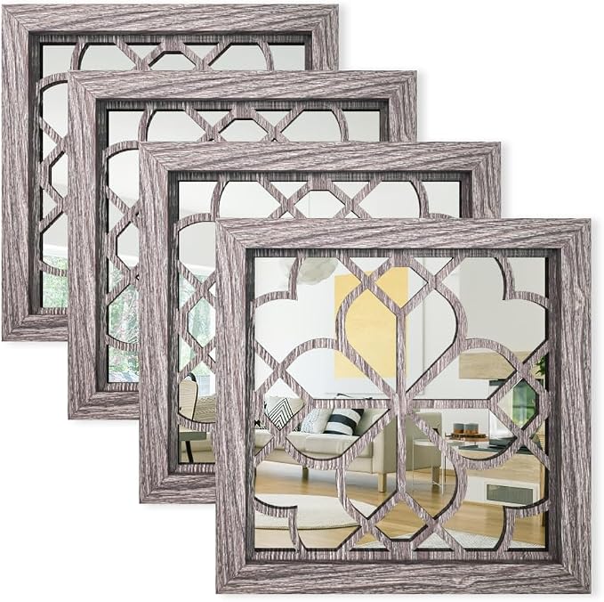 Set of 4 14 Inch Square Brown Window Pane Wall Mirrors, Shatterproof Rustic by HMANGE