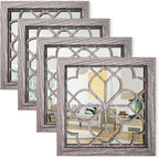 Set of 4 14 Inch Square Brown Window Pane Wall Mirrors, Shatterproof Rustic by HMANGE