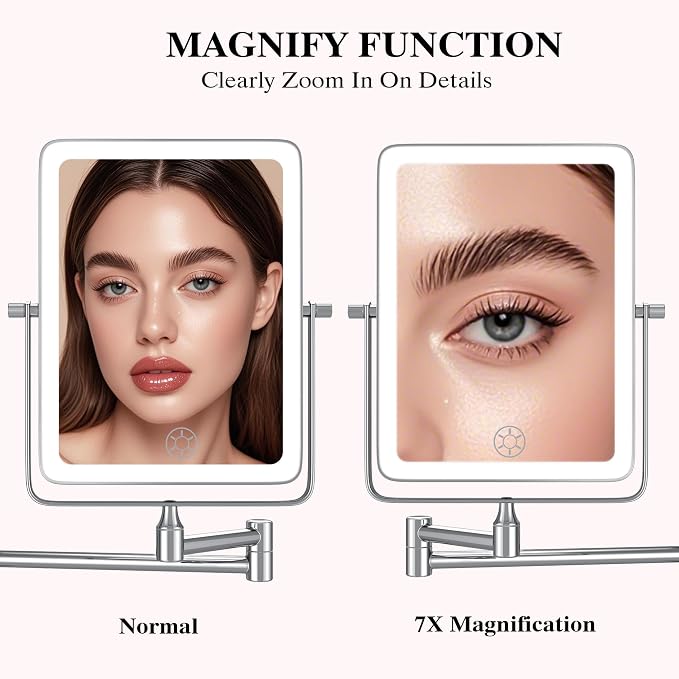 Wall Mounted Lighted Makeup Mirror, Rectangle Double Sided 1X/7X Magnifying - Image 2