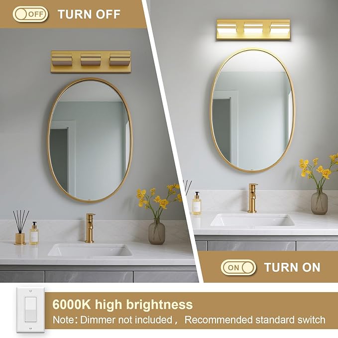 Modern LED Small Bathroom Lights Fixtures 3-Light, Metal Gold Acrylic Wall - Image 6