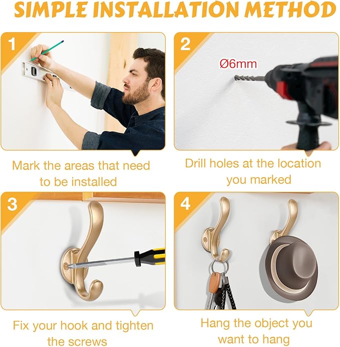 4 Pack Coat Hooks Wall Mount Heavy Duty Utility Retro Double Hooks - Image 9