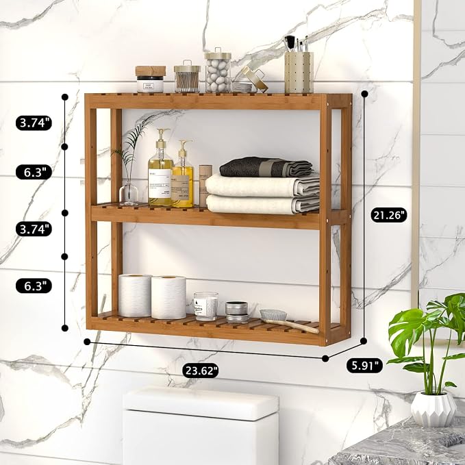 Domax Bamboo Bathroom Shelf 3-Tier Wall Mount Storage Rack Multifunctional - Image 3