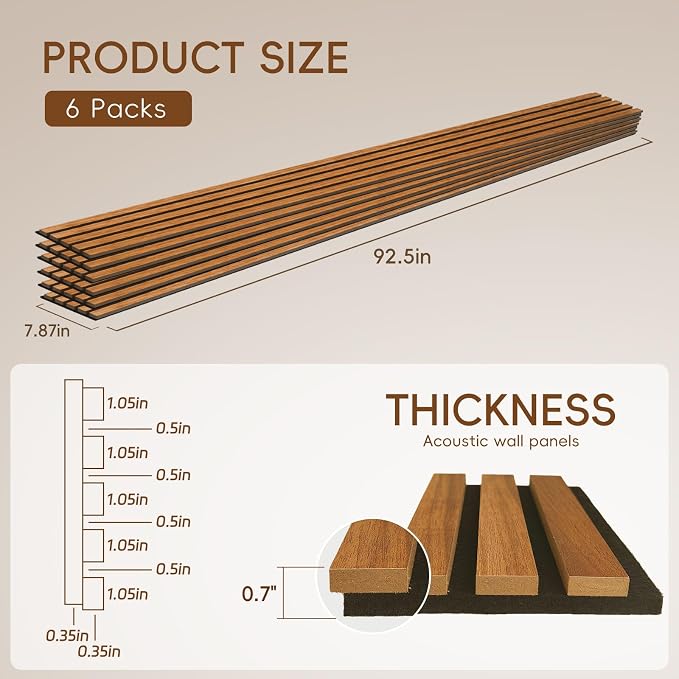 EVERECO 6 Pack Wood Slat Acoustic Wall Panels 92.5" × 7.87", 3D Sound Absorbing - Image 2