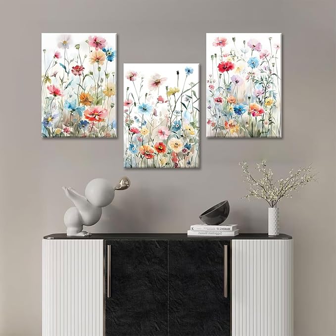 KISSFOX Framed Colorful Wildflower Canvas Wall Art Set Of 3 Flowers Pictures - Image 5