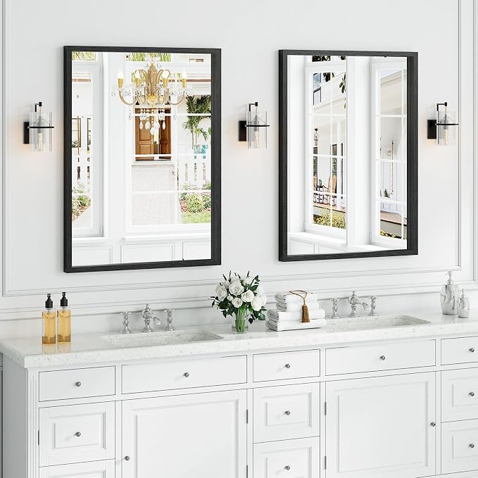 Syndra Black Wood Frame Bathroom Mirror, Waterproof Slim Deep Frame, - Image 2
