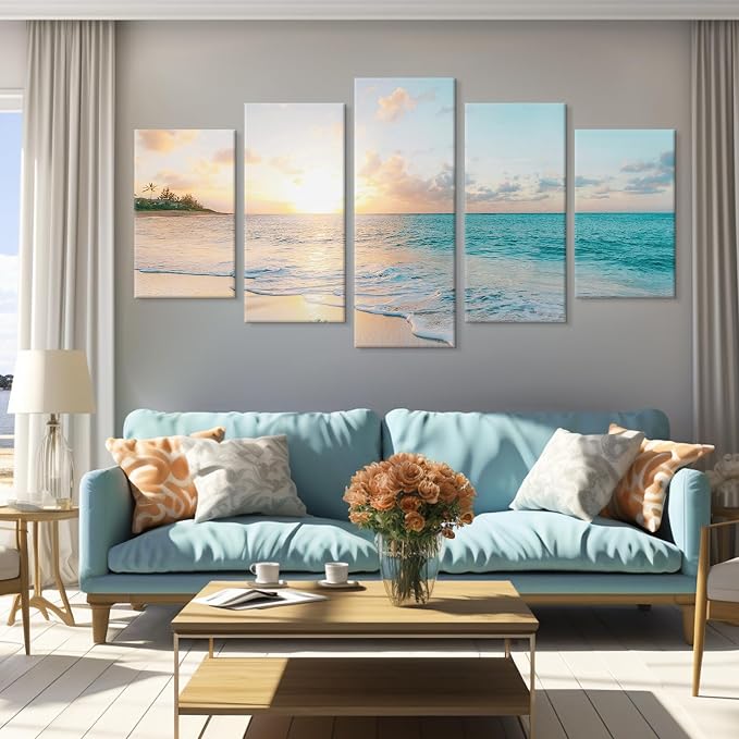Goldfoilart 5 Pieces Beach Sunset Canvas Wall Art Blue Sea Prints Romantic - Image 4