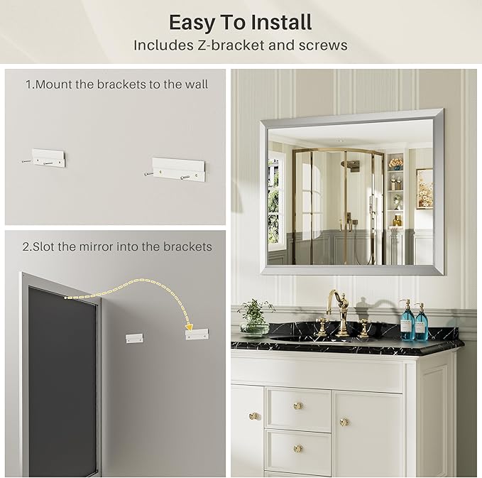 55x36 Inch Brushed Silver Bathroom Mirror - Image 6