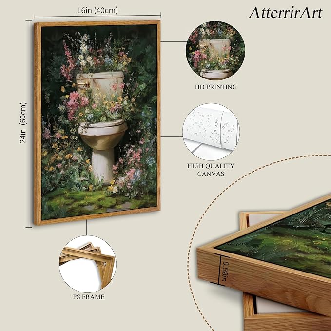 AtterrirArt Framed Funny Bathroom Decor Wall Art, 16 * 24inch, Vintage Toilet - Image 4