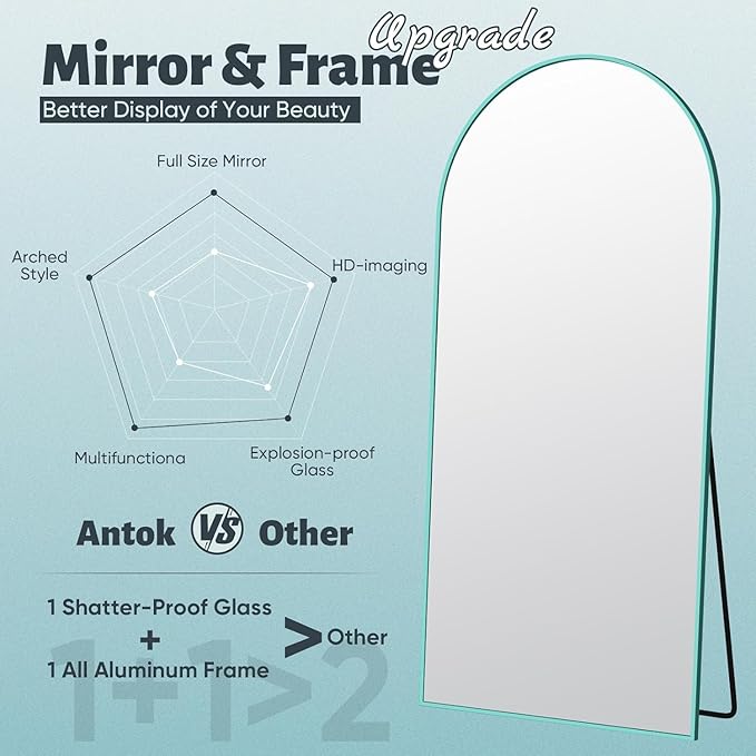 Antok 58" x18” Arched Full Length Floor Mirror, Free Standing/Wall Mount/Leaning - Image 5