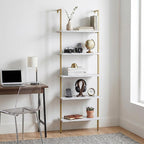 aboxoo Ladder Shelf White Marble Bookshelf 5-Tier Wall-Mounted Wood Rack - Image 9