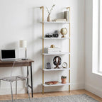 aboxoo Ladder Shelf 2PCS White Marble Bookshelf 5-Tier Wall-Mounted Wood Rack - Image 10