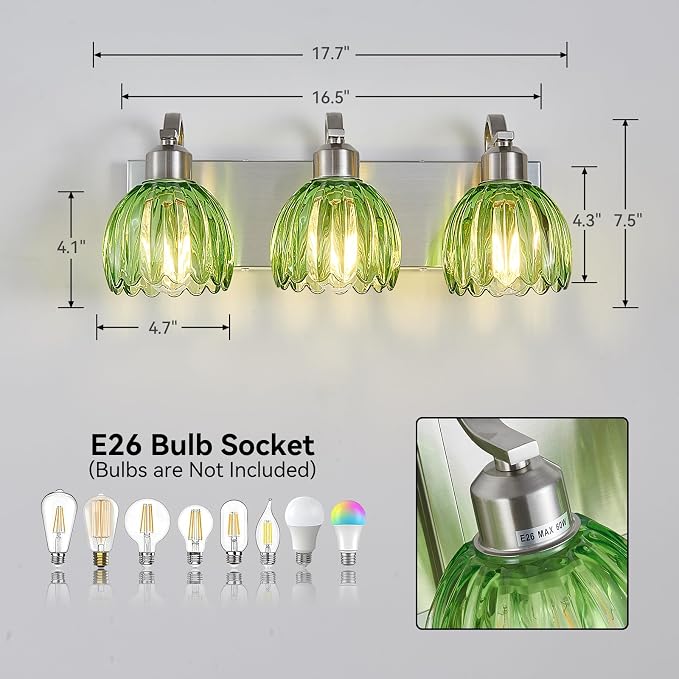3-Light Vanity Lights with Green Tulip Glass Shade, Brushed Nickel Bathroom - Image 4