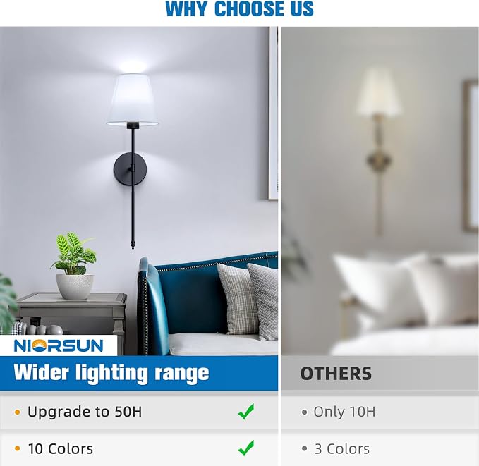 NIORSUN 19.9 inch Battery Operated Wall Sconce Set of 2, 10 Colors Wireless - Image 8