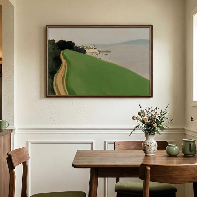 Vintage Framed Green Abstract Landscape Wall Art, Modern Minimalist Coastal - Image 3