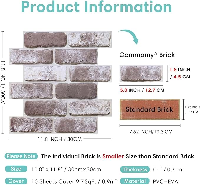 Commomy 10 Pcs Whitewash 3D Brick Peel and Stick Wall Panels - Image 4