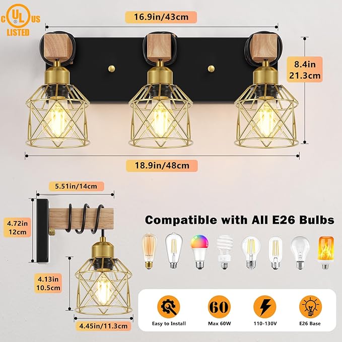 FadimiKoo Black and Gold Vanity Light, 3-Light Farmhouse Vanity Light, Bathroom - Image 2