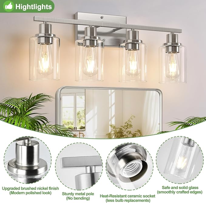Indoi 4-Light Bathroom Light Fixtures, Brushed Nickel Vanity Lights - Image 4
