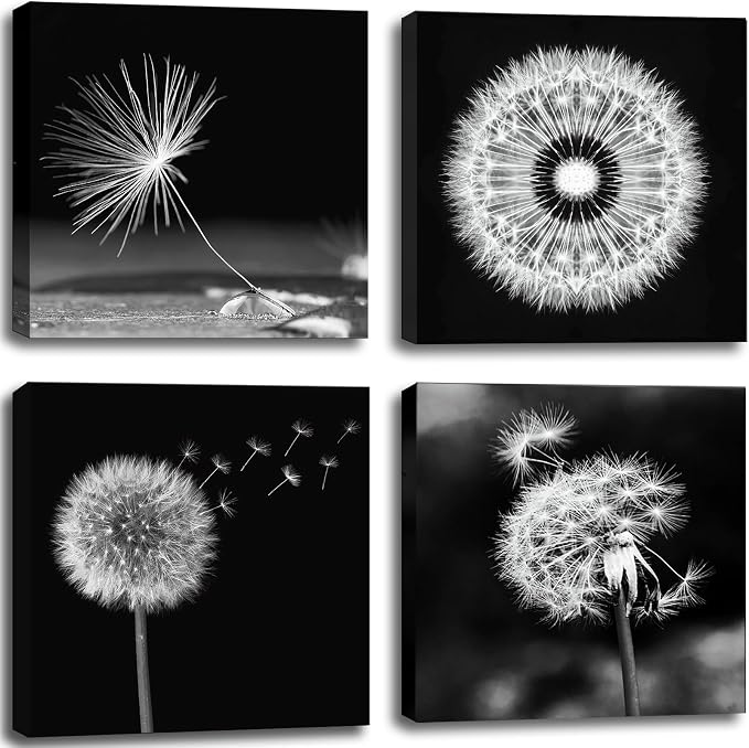 weiyiart Black and White Floral Wall Art, Dandelion Canvas Painting Prints by weiyiart