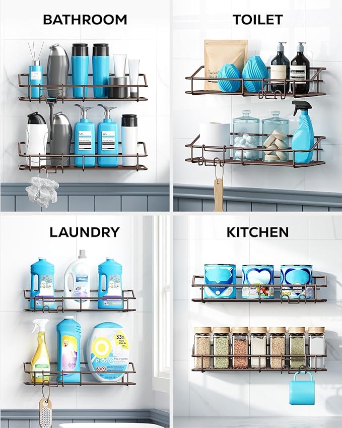 Nieifi Shower Caddy Shelf with Hooks Storage Rack Organizer Adhesive Stainless - Image 8
