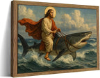 Framed Jesus Riding a Shark Wall Art, Humorous Christian Canvas Print, Fun by Unknown