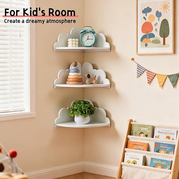 Cloud Corner Floating Shelves，Set of 3 White Corner Wall Shelf Floating Wooden - Image 5