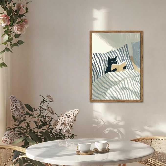 Funny Black Cat Wall Art Painting, Whimsical Cat in Stripe Bed Reading Wall - Image 6