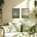 Framed Sage Green Japanese Canvas Wall Art Set of 2, Minimalist Moon and Birds - Image 2