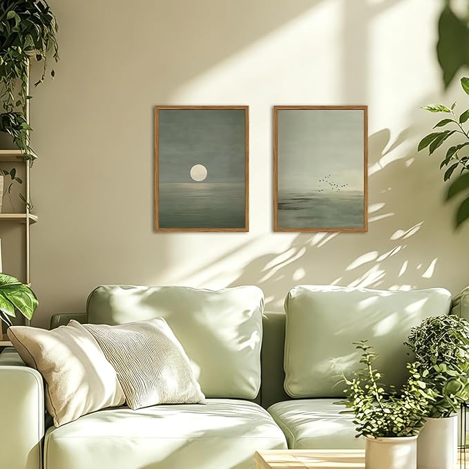 Framed Sage Green Japanese Canvas Wall Art Set of 2, Minimalist Moon and Birds - Image 2